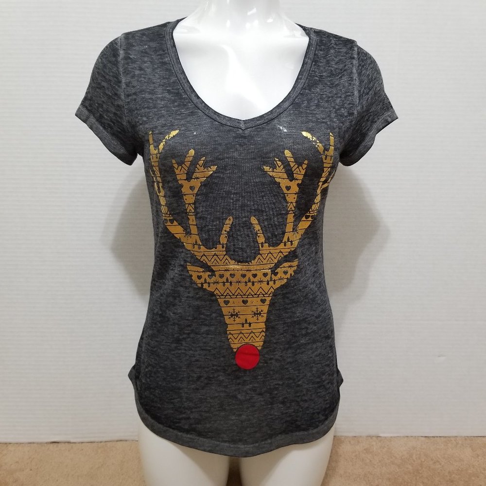 Rocker Girl top Small 3/5 Rudolph reindeer Xmas foil graphic burnout Christmas